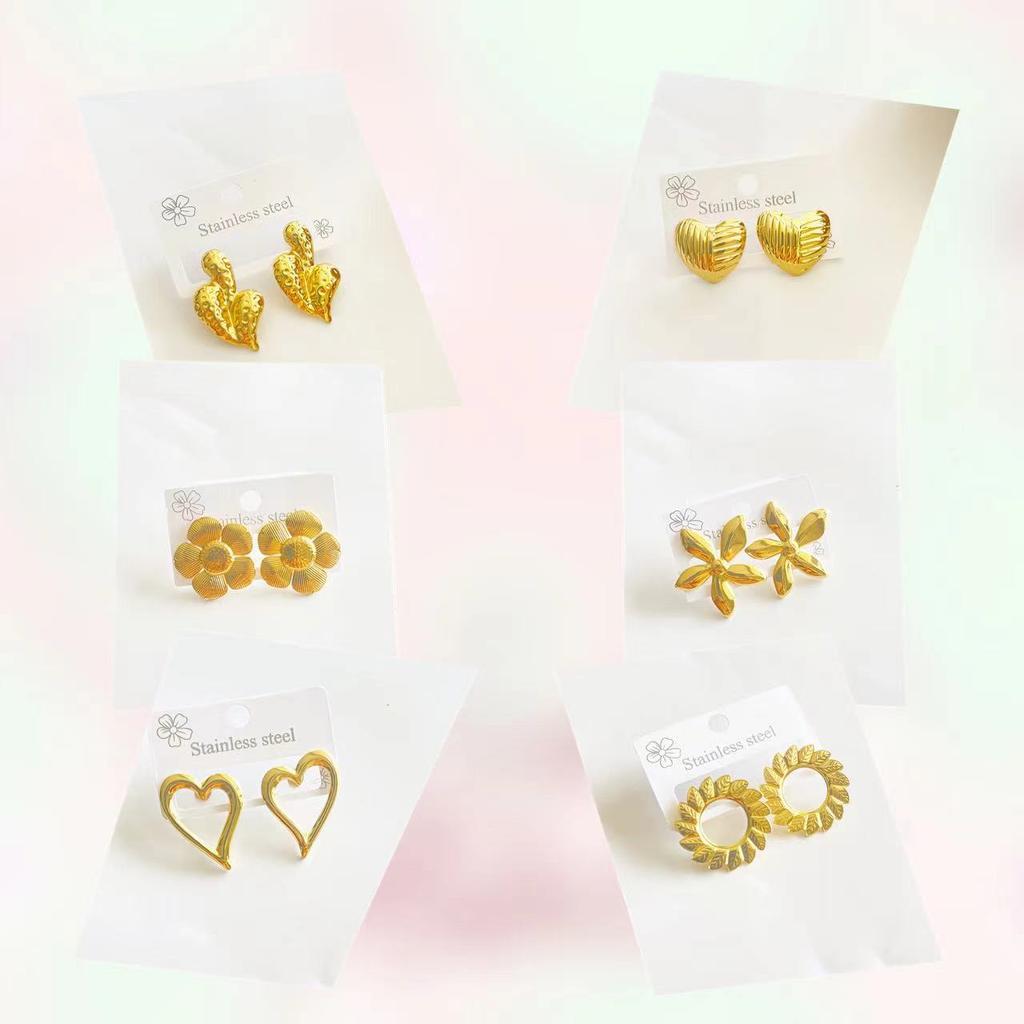 2-8 Pairs 18k Gold Plated Stainless Steel Love Statement Heart Bow Flower Water Droplets Shaped Classic Multi-Style Stud Earring