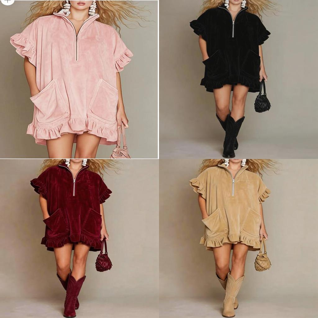 Streetwear A-Linien-Kleid mit Reißverschluss und Rüschenärmeln für Freizeit, Reisen oder Party