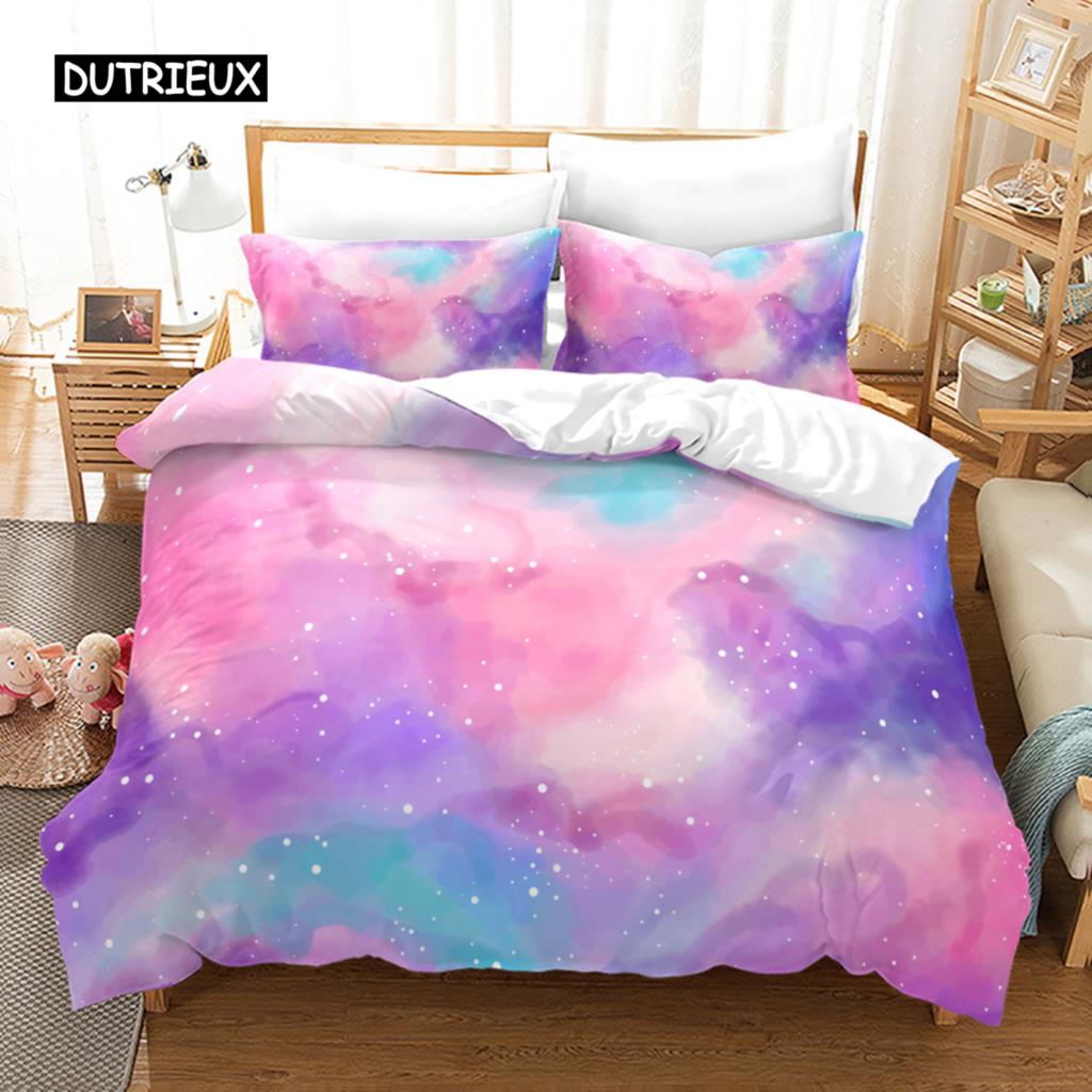 Duhová sada povlaku na přikrývku King Mikrovlákno Dívčí Estetický Duhy Ložní Sada pro Děti Kawaii Hrad Dezert Vzor Povlak na Prošívanou Přikrývku