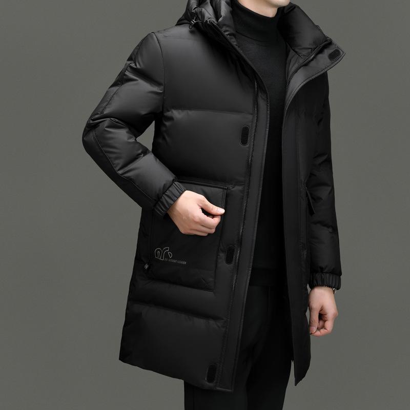 Men'S High-End 90 White Duck Down Medium And Long Hooded Down Jacket Winter Matte Matte Fabric Long Version