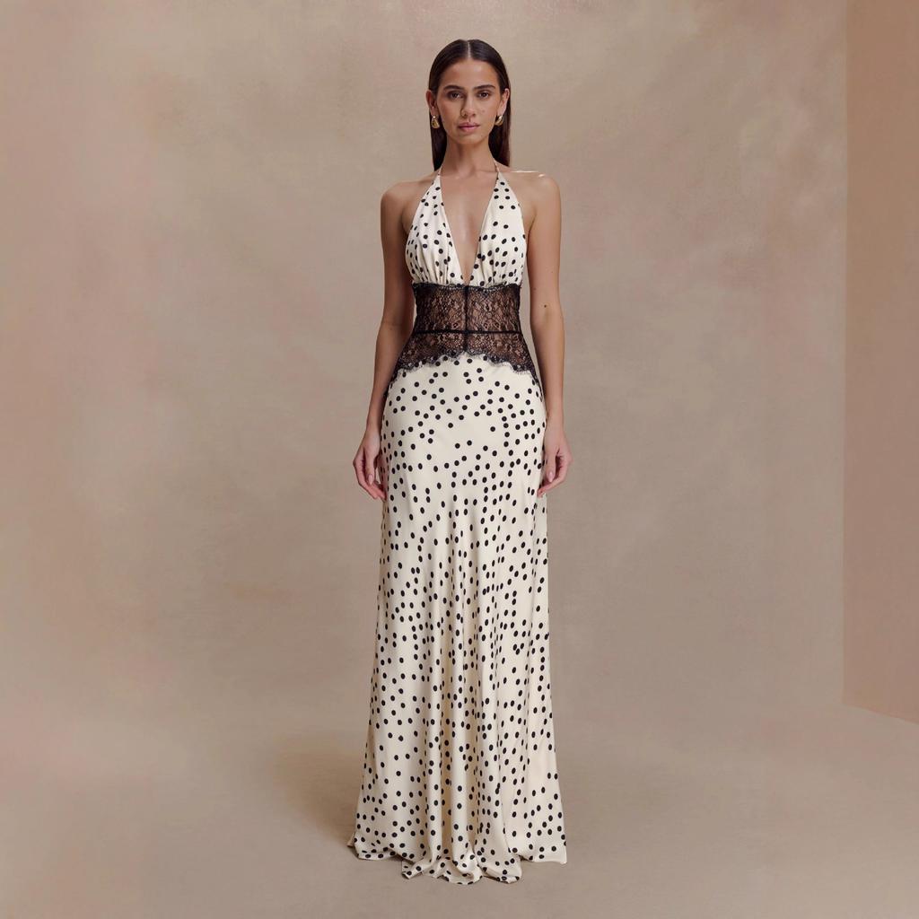 Halter Neck Deep V-Neck Polka Dot Maxi Dress with Lace Detailing