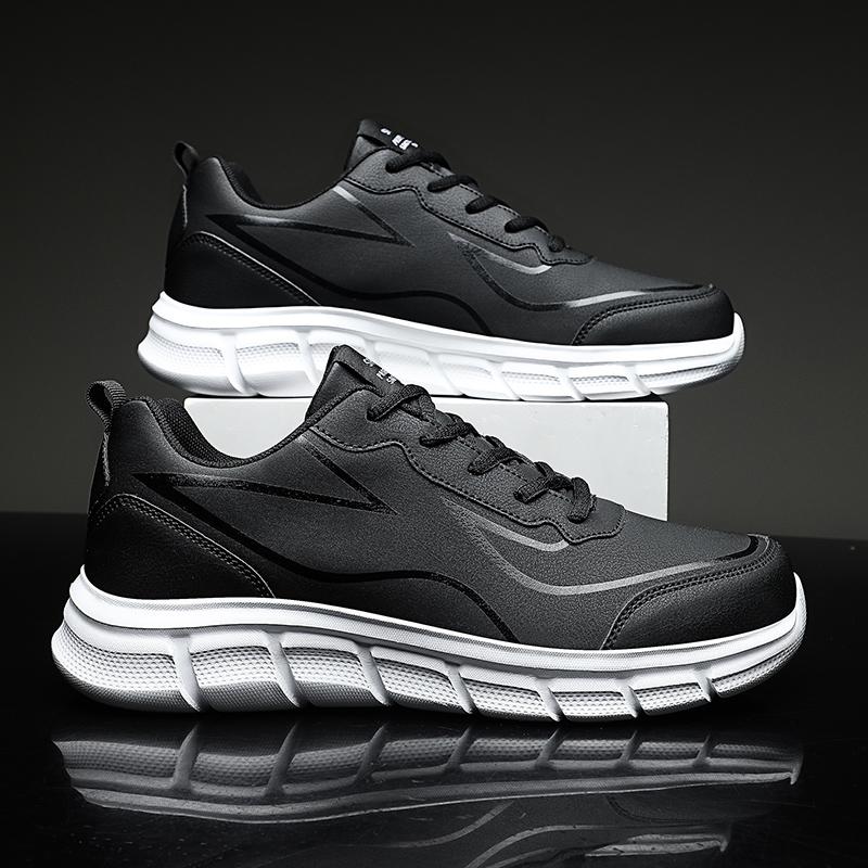 Black Running Shoes Waterproof Athletic Sneakers Men Wear Resistant Men Walking Sport Shoes Comfortable Men PU Leather Size 48