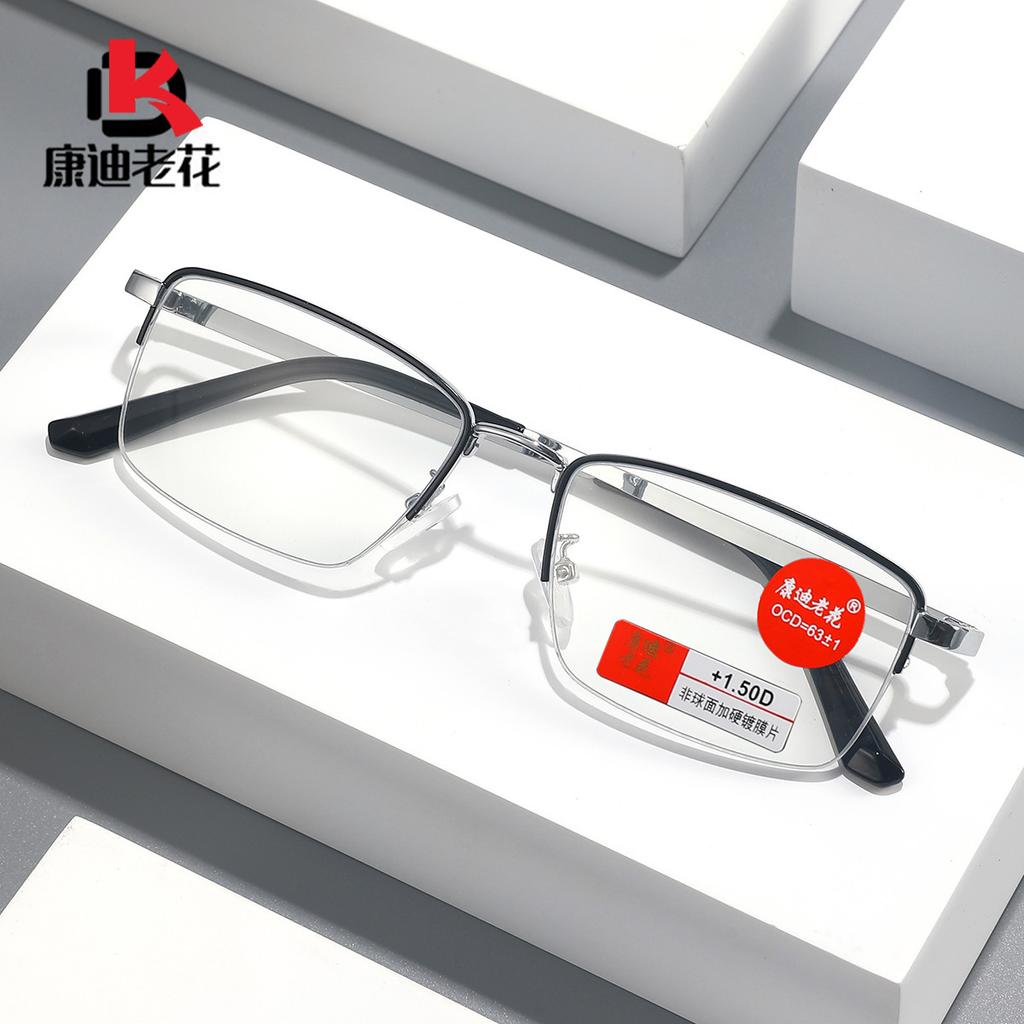 Fashion Black And Silver Half Frame Lightweight And Durable Reading Glasses Business High-End Resin Men'S Reading Glasses