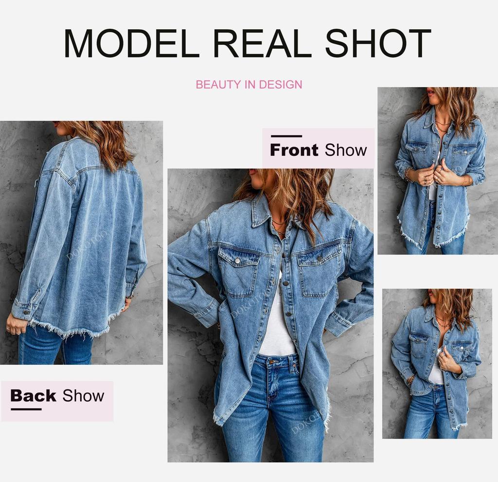 Women's Oversized Distressed Denim Jacket - Casual Long Sleeve Shirt for Spring 2025