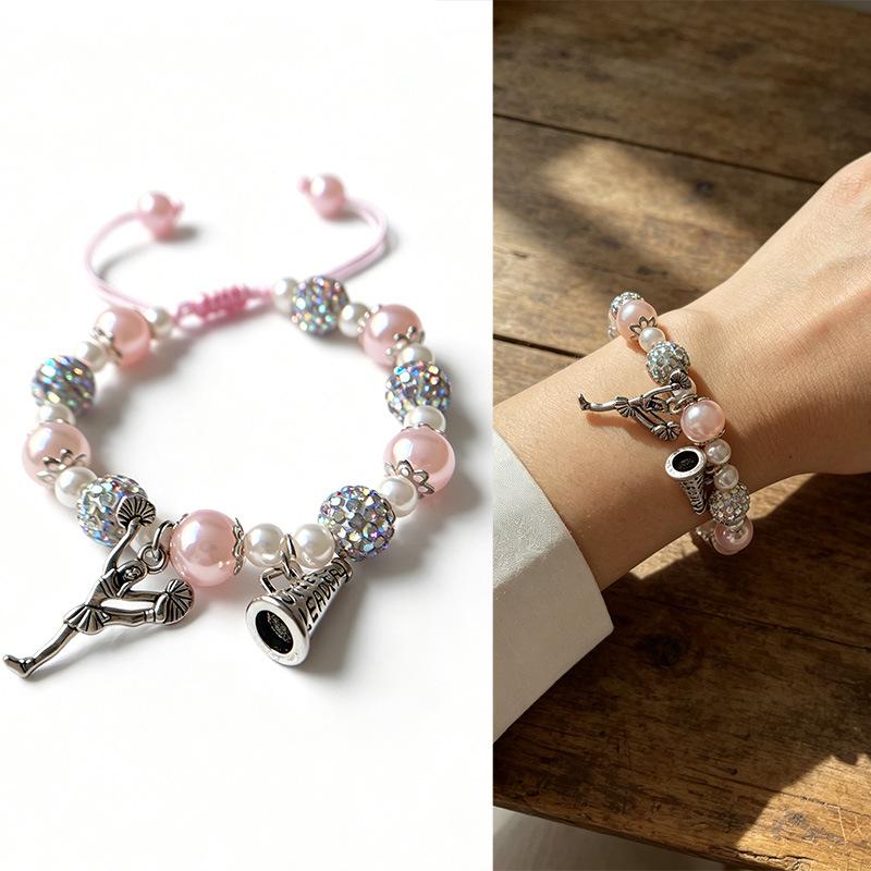 Adjustable Pink Faux Pearl Bracelet with Ballet Girl Pendant - Perfect Gift for Dance Performances 18mm