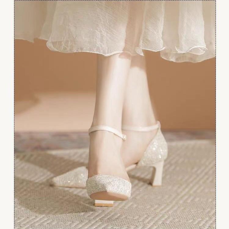 Pointed high heels women's thick heels hollow bag head one-word belt single shoes women's comfortable versatile sandals women