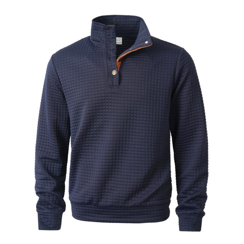 Mens Stand Collar Buttoned Waffle Grid Long Sleeve Casual Sweatshirt