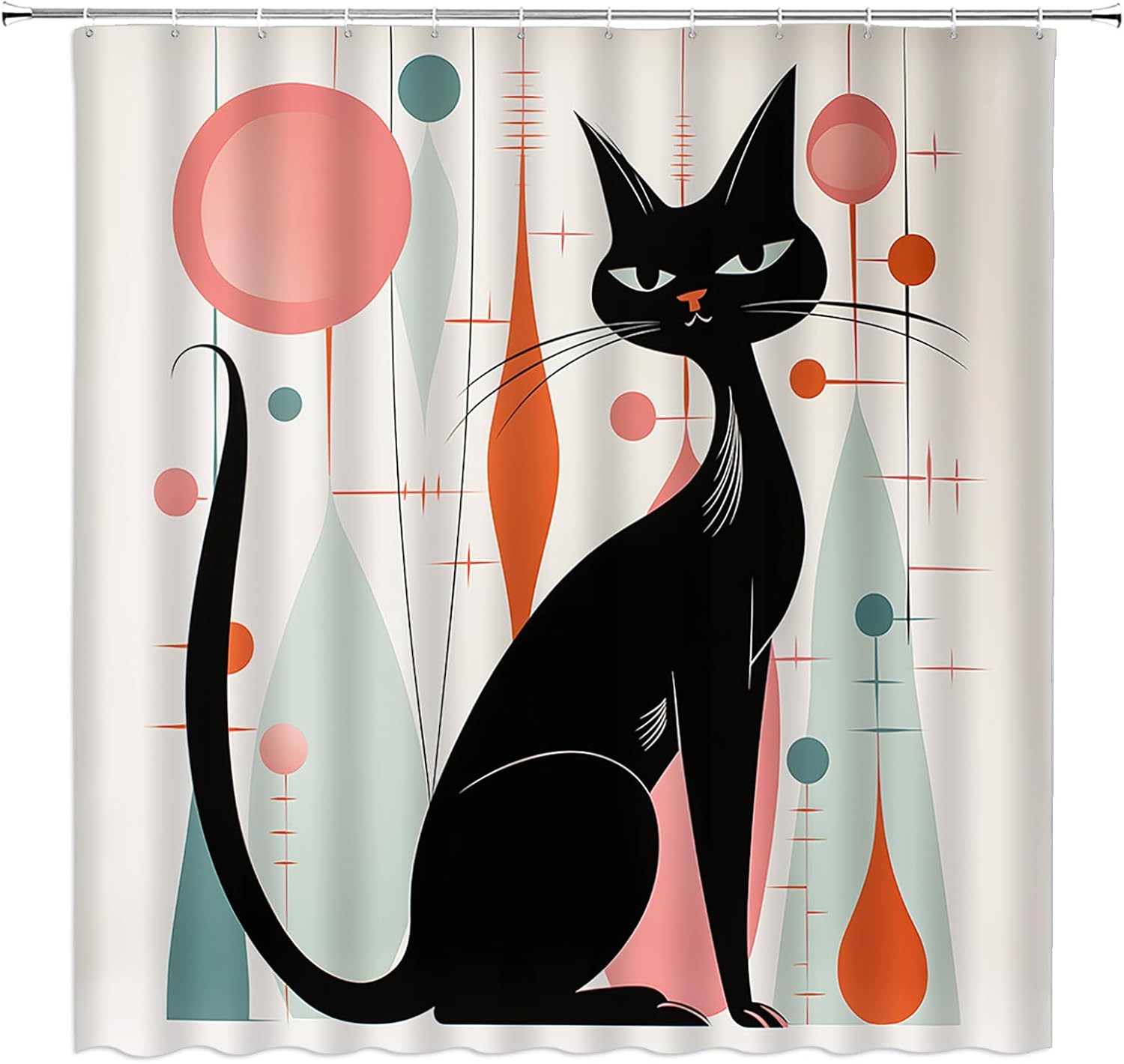 Mid Century Cat Shower Curtain Retro Abstract Atomic Geometric Iconic 1950S 1960S Vintage Neutral Pattern Bathroom Curtain W60H190(CM)-1 Pcs