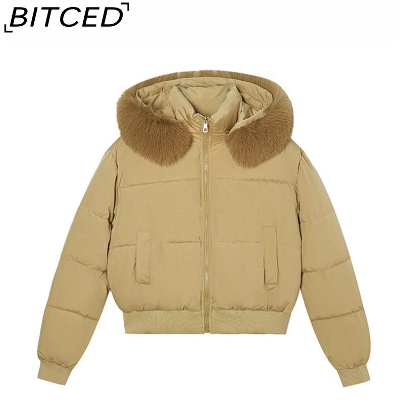 BITCED High-Waisted Oversized Fur-Trimmed Hooded Cropped Cotton Jacket for Women Autumn/Winter Down-Filled Cotton Jacket Slim-Fit Jacket Outerwear