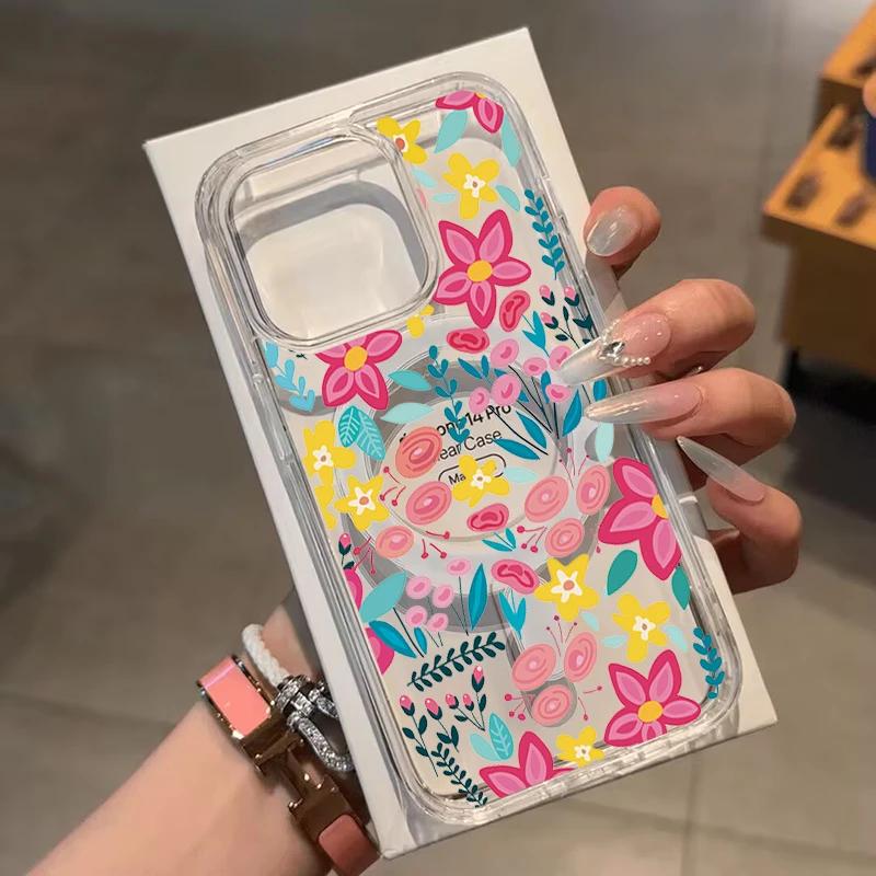 For Magsafe Colorful Flower Phone Case For Iphone 17 Air 16 15 13 12 11 Pro Max 16E Mini 14 Plus Magnetic Wireless Charge Cover