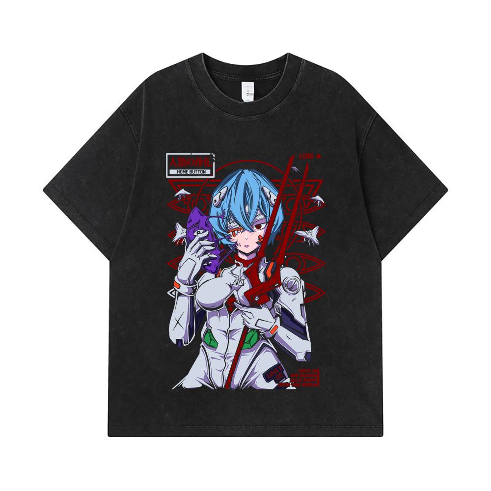 275 GSM Washed T-shirts 100% Cotton Evangelion V7 Rei Print Unisex Heavy Cotton T Shirt