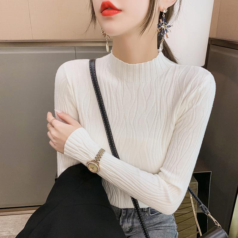 Autumn and winter versatile simple semi-turtleneck sweater with women's solid color slim and thin knitted bottoming shirt splicing design