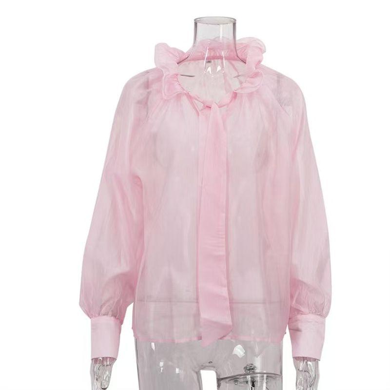 

New French style Style Design Ruffled Collar Lace-up Shirts Fashion Temperament All-Match Long sleeve Top Shirt Top Pink L