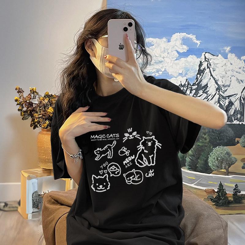 Korean Style Plus Size Cartoon Print Short Sleeve Women's Summer Loose Fit T-shirt