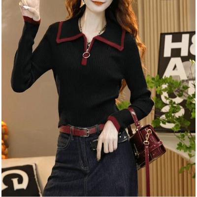 Spring Season New Fashion Lapel Wool Knitted Sweater Women's Clothing Contrasting Color Retro Thin Bottoming Shirt Top