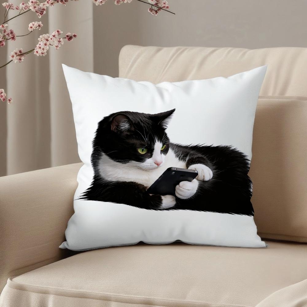 Cushion Cover White Cat With Phone Print For Living Room Decor