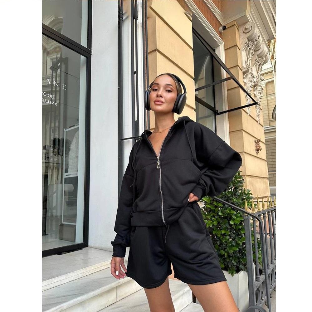 Módní dámská sportovní košile s kapucí a velkou kapsou, šortky, dvoudílná ležérní sada pro ženy