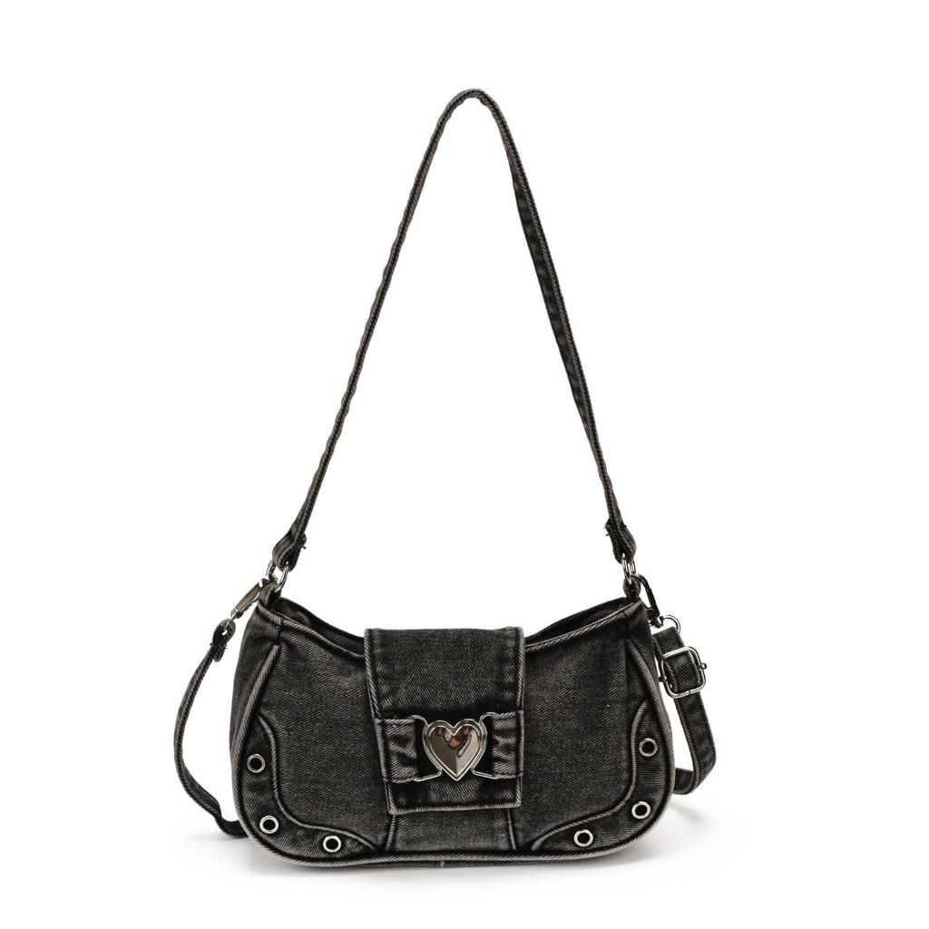 Cross-border Denim Heart One-Shoulder Bag - 2026 New Korean Rivet Trendy Cool Crossbody Bag for Travel and Commute