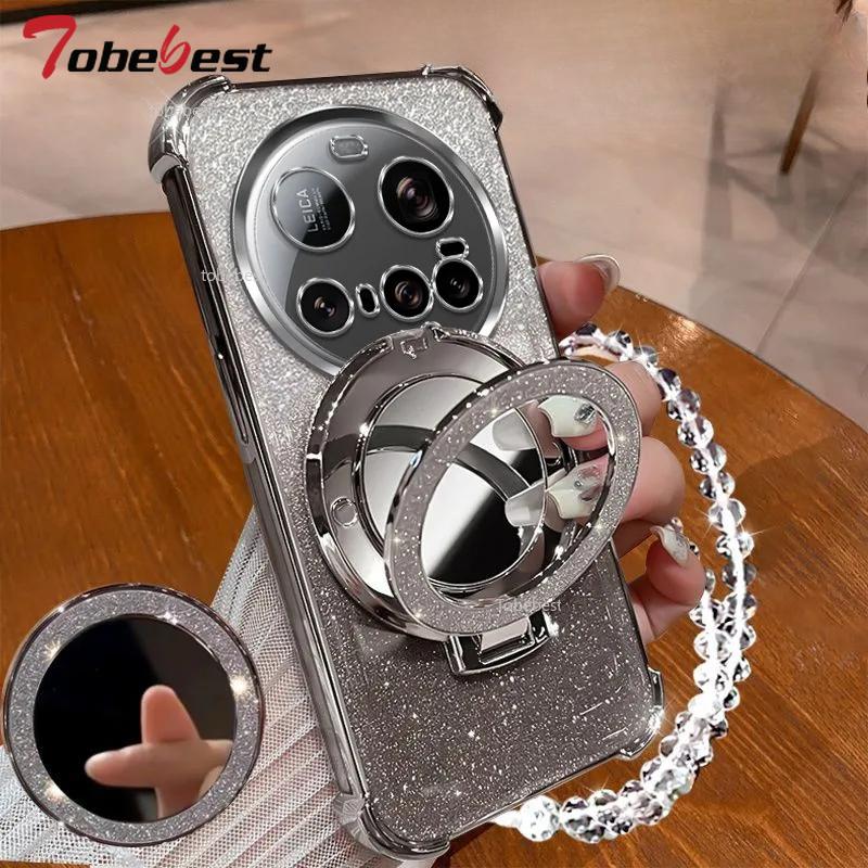 

Противоударный чехол с ГЛИТТЕРНЫМ покрытием для Xiaomi 15 Ultra 14 14T 13 12 Pro 11 Lite, с кристальным браслетом, зеркальный, Magsafe, с держателем для телефона Xiaomi 11 Lite серебряный