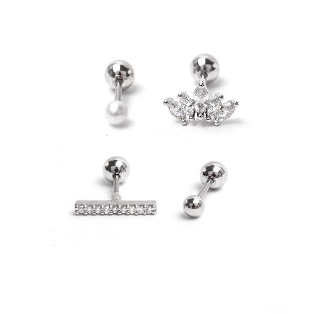 Women's 0.8mm Bar 4-Piece Set Silver Crystal Piercing Earrings