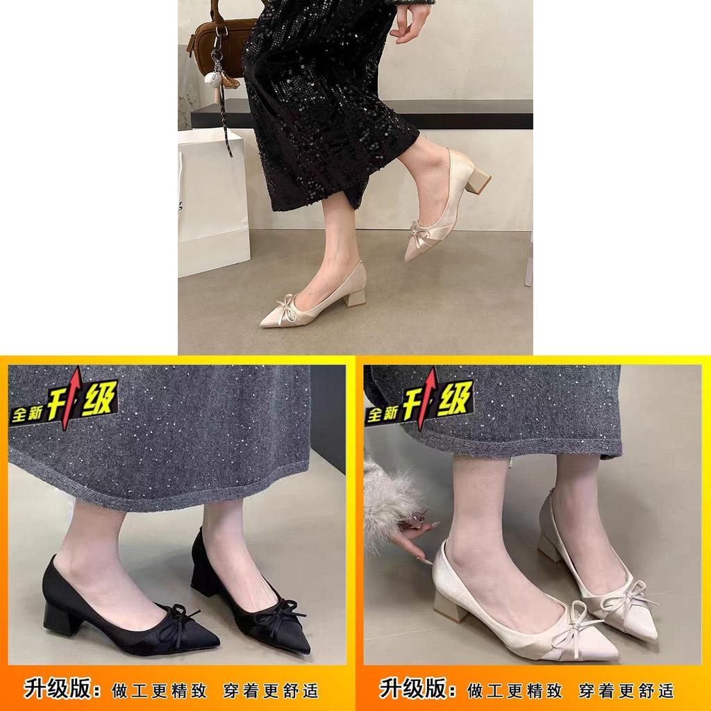 Butterfly Knot Flat Shoes For Women Spring Pu Slipon Low Heel Pointed Toe