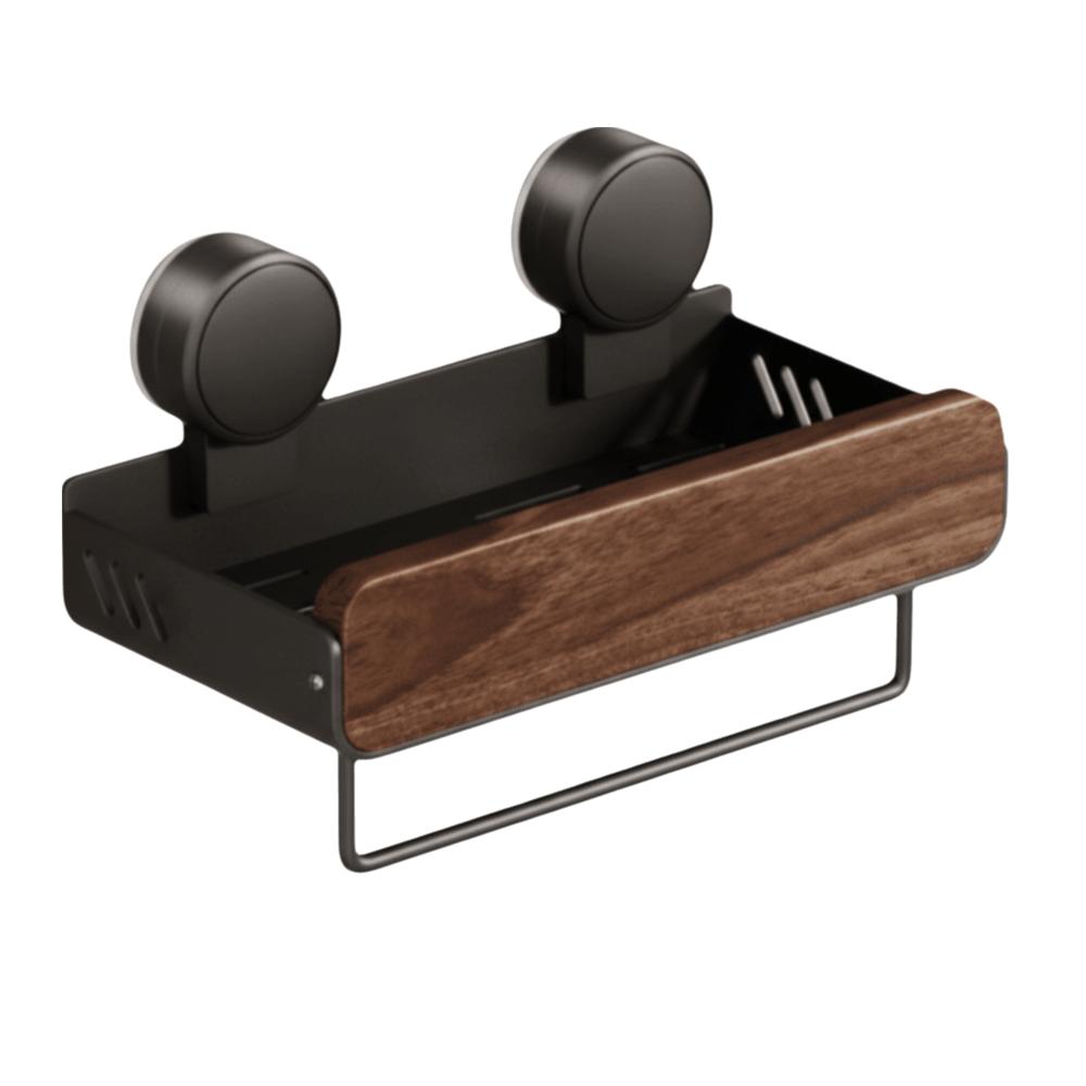 Mid-Century Modern Bathroom Shelf Walnut Finish Strong Grip Bathroom Storage Rack Space Saving Drill-Free Wall Mounted Organizer