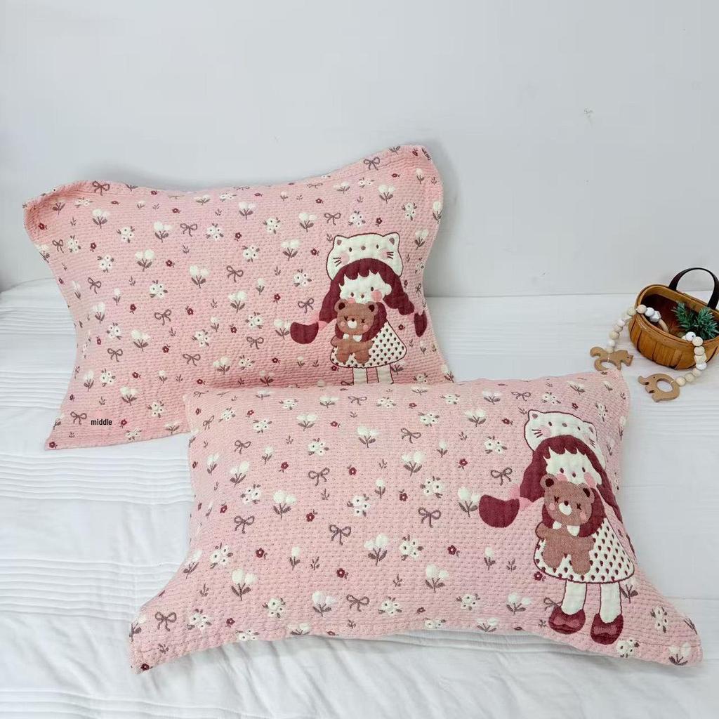 Cartoon Cotton Gauze Pillowcase Set: Soft, Breathable, Sweat-Absorbent Pillow Covers.