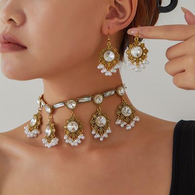 Bohemian Vintage Quasten Halsketten- und Ohrring-Set, Strassstein Ethnischer Stil Schmuck für Damen