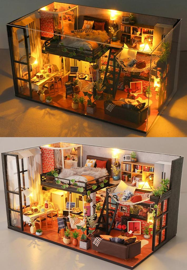 moin moin Кукольный домик Миниатюрный Набор для DIY Масштаб Американский Ретро Винтаж Ретро Антикварный Стиль Кукольный домик со Светодиодной Подсветкой и Акриловым Чехлом [Английский]