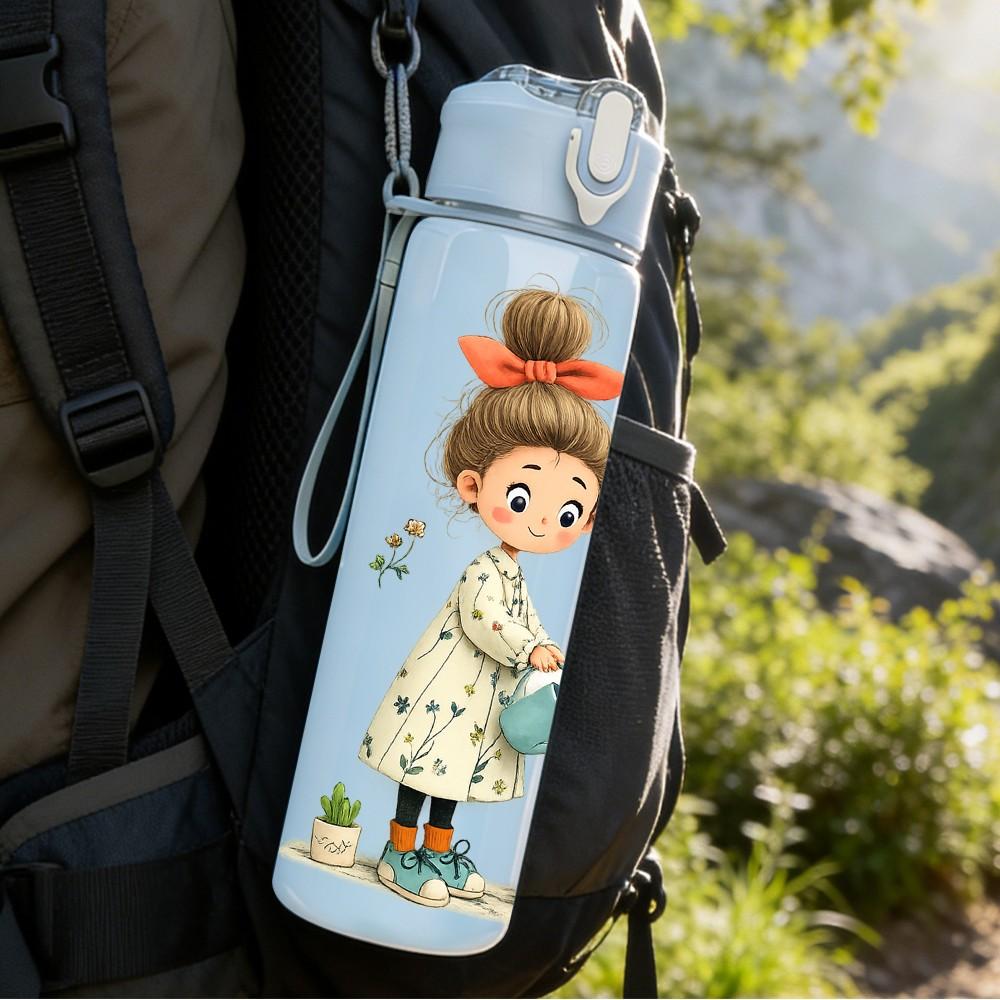 1PC Little Girl Potted House Plant Print 750ml Color Plastic Sports Water Bottle Leakproof Flip Straw Lid Suitable for Sports Office Home Use