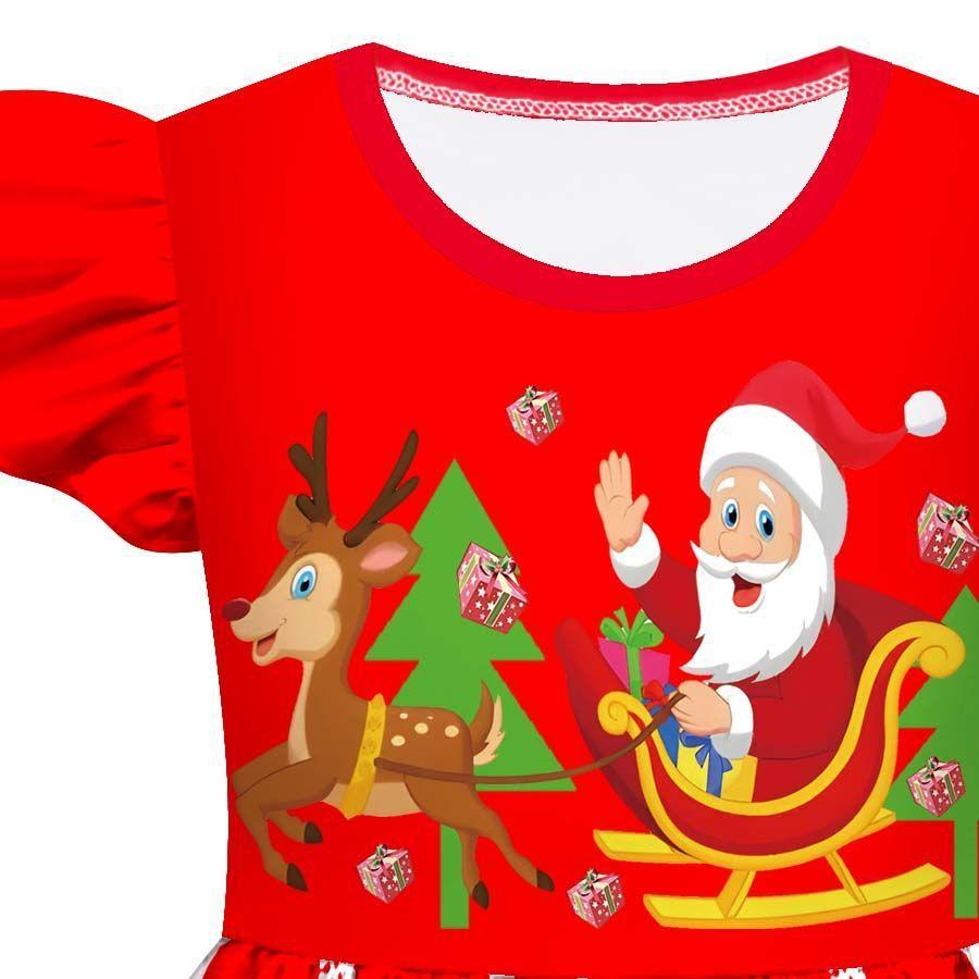 Kids Girls Cartoon Santa Claus Christmas Tree Elk Print Ruffle Sleevess New Year Dress
