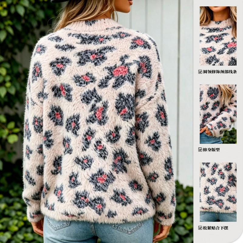 Womens Fall Winter Soft Fleece Floral Knit Sweater Round Neck Long Sleeve Pullover