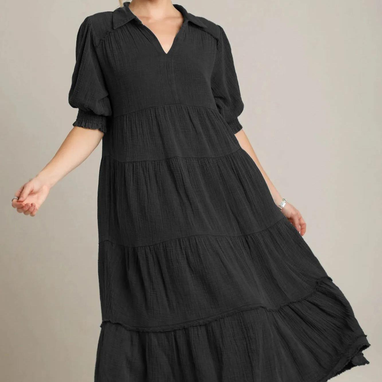 

Layered Ruffle V-Neck Bubble Sleeve Dress with Multi-Color Options 3XL