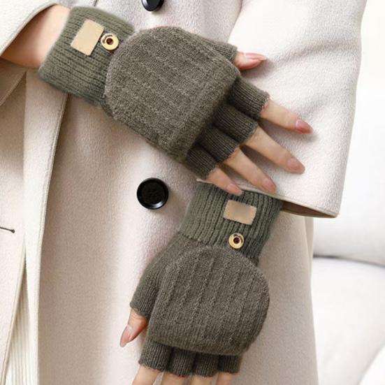 Yousheng 1 Pair Women Winter Gloves with Flipping Cover Thicken Knitted Elastic Anti-slip Gloves Contrast Color Thermal Insulation Fingerless Gloves