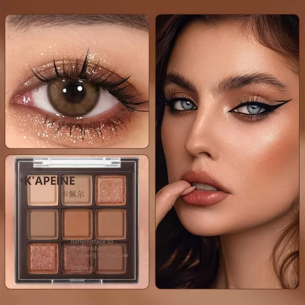 9 Color Nude Eyeshadow Palette Daily Style Brown and Golden, Featuring Two Textures,Matte and Shiny.