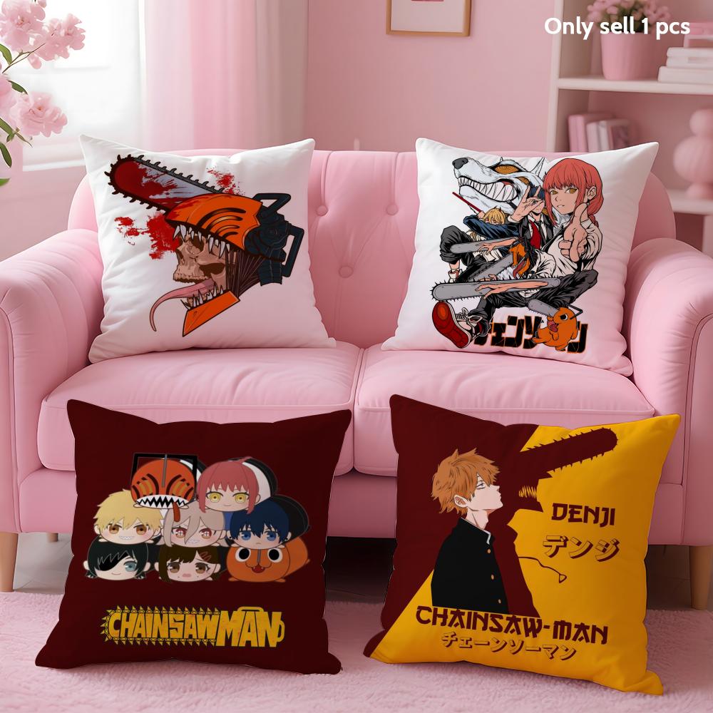 Cute C-Chainsaw Man Anime Cushion Cover Soft Short Plush Double-Sided Printing Home Decor Machine Washable Pillow Case Gift