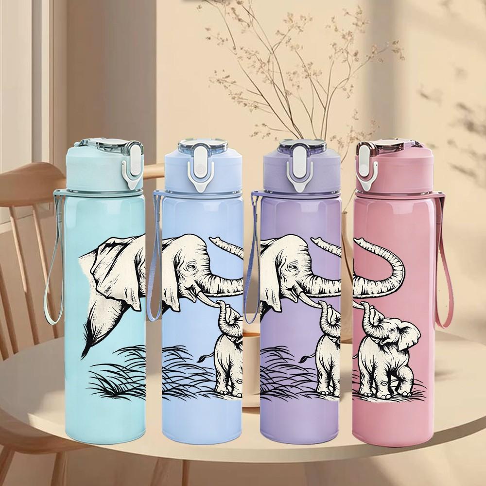 1PC Elephant Baby Calf Family Print 750ml Color Plastic Sports Water Bottle Leakproof Flip Straw Lid Suitable for Sports Office Home Use