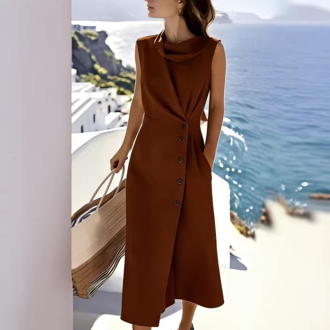 European & American Elegant Sleeveless Pleated Button Dress - Solid Color, Irregular Hem.