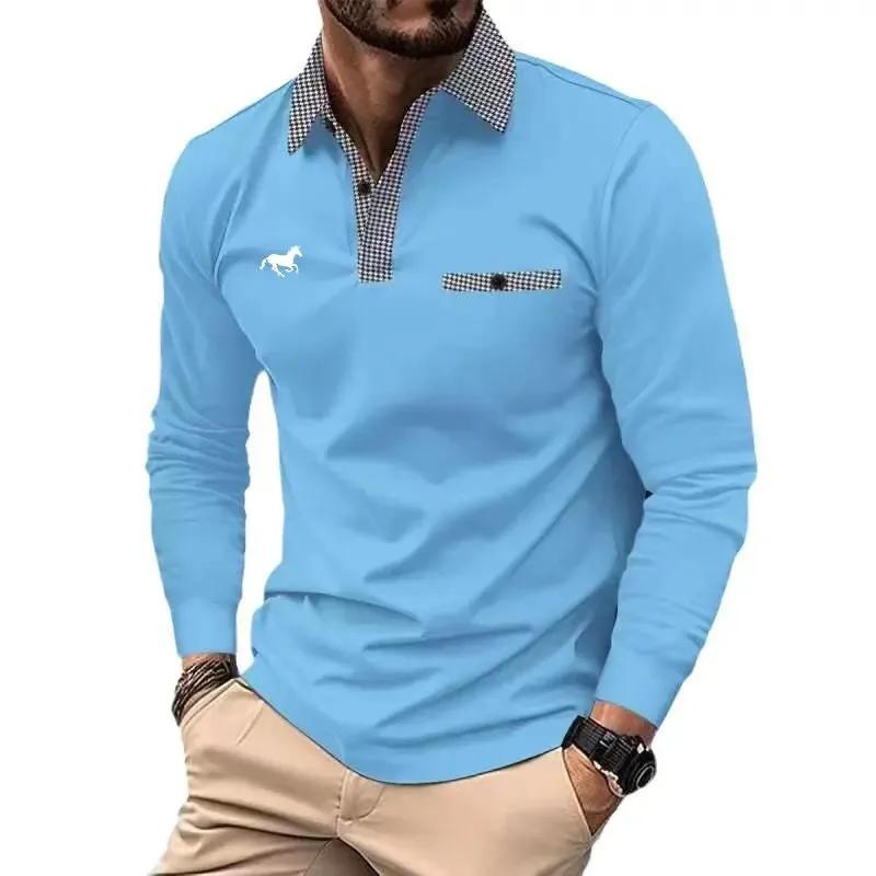 Stylish Men's Long Sleeve Polo Shirt with Plaid Trim, Casual Top