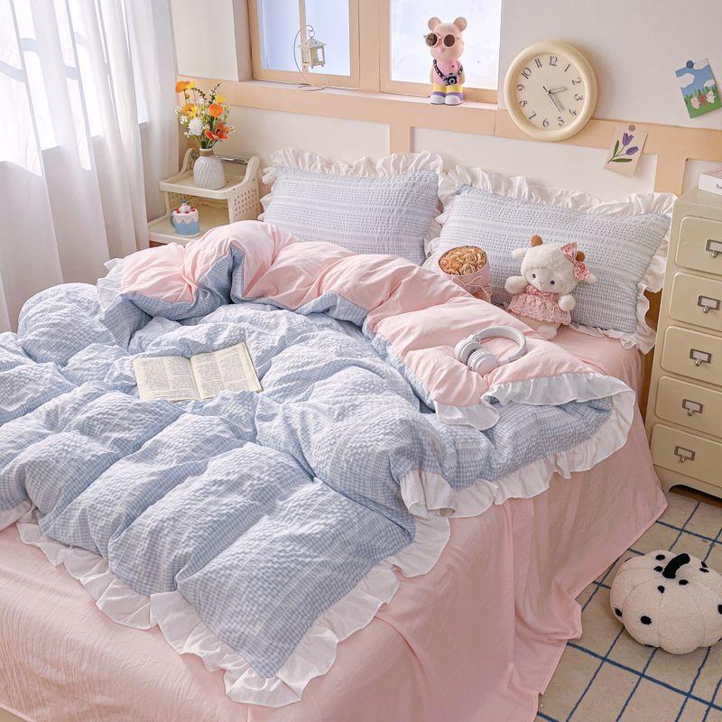 Ins Princess Style Bedding Sets Ruffle Blue Pink Girls Quilt Cover Romantic Bed Sheet Set Duvet Cover With Pillowcases 4pcs