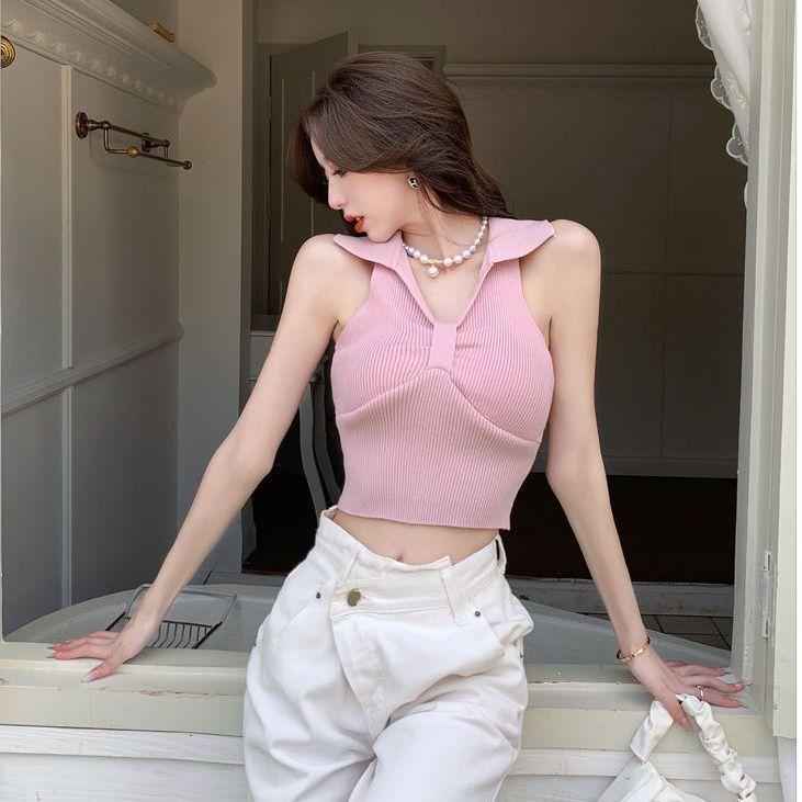 Camisole Tank Top Women's Summer Elegant Polo Collar Short Sleeveless Knitted Hot Girl Backless Top