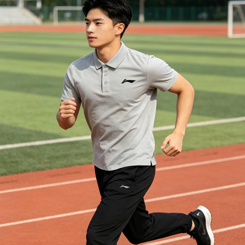 Li-Ning Summer Mens Polo Shirt Quick-Dry Breathable Comfortable Casual Sports Set Men Tops Light-Gray Black APLW677-3+AKLU881-1