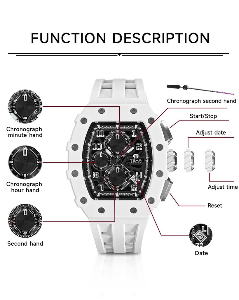 TSAR BOMBA Skeleton Automatic Watch with Ceramic Japanese Tonneau Silicone 50M Water Luminous Luxury Watch for Gift Men's Movement, Strap, Resistance,