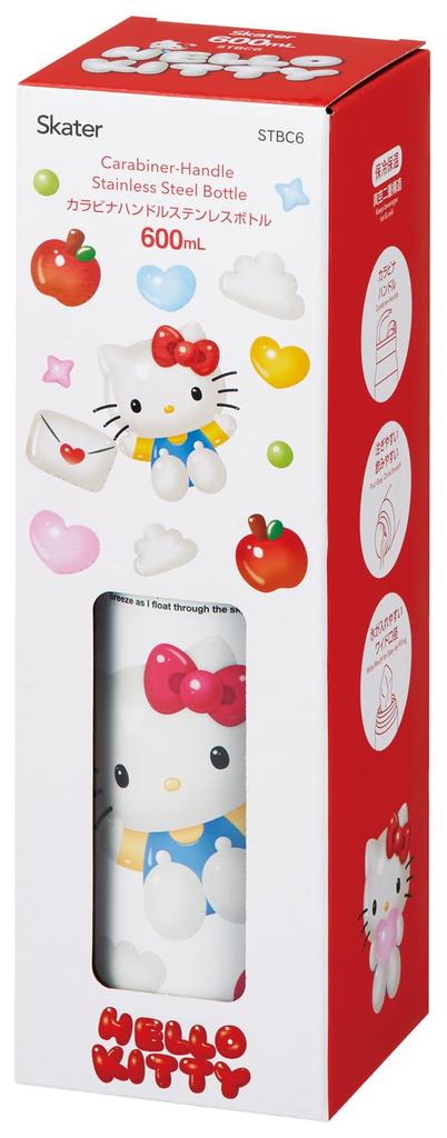 Skater Stainless Steel Water Bottle with Carabiner Vacuum Sanrio Hello Kitty Puffy Balloon Design STBC6-A Handle, Insulated, 600ml, Double-Layered