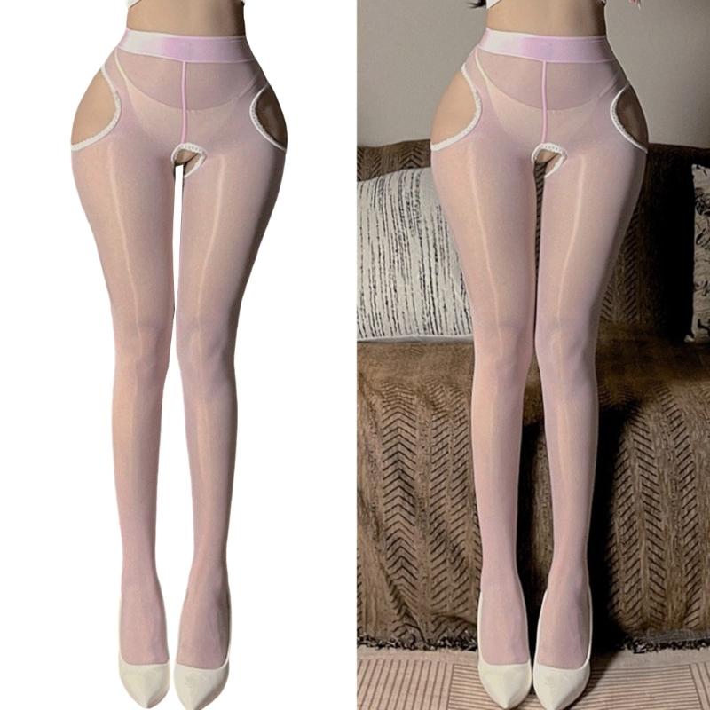 Sheer Silk Stockings Garter Belt Suspender Pantyhose for Women See Through Open Crotch Cutout Tights Leggings Lingerie