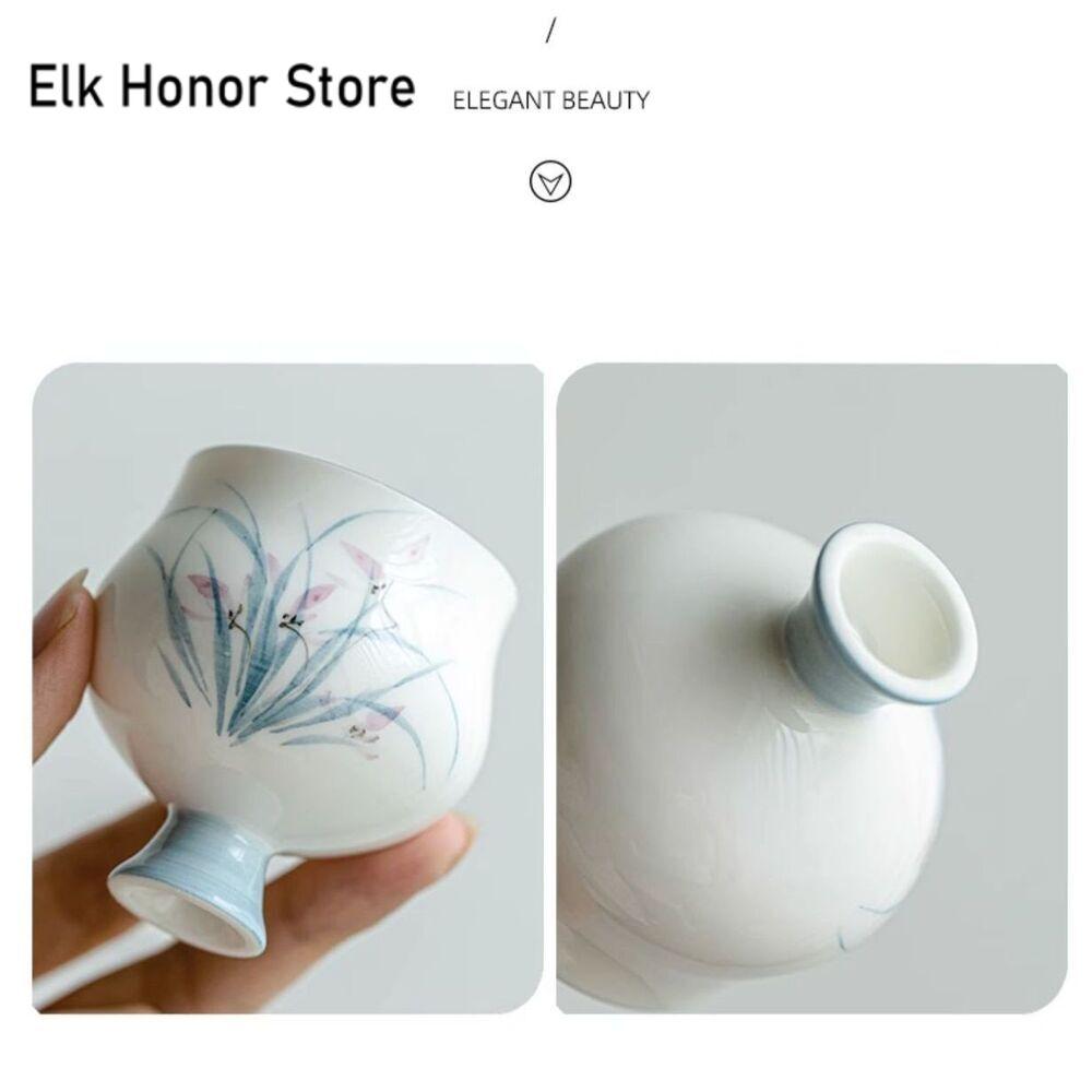 65ml Pure Hand-painted Orchid Ceramic Teacup Drawing Platinum Barbarian Waist Cup High Foot Master Cup Kung Fu Teaware Gifts
