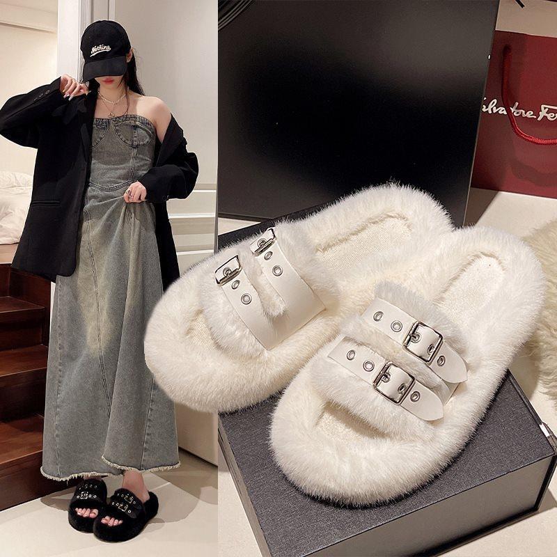 Mao Mao Soft-soled Slippers Wear Women's New Stepping Feeling Versatile Shit Light Luxury Autumn and Winter Fashion Black Thick Bottom Lightweight 202