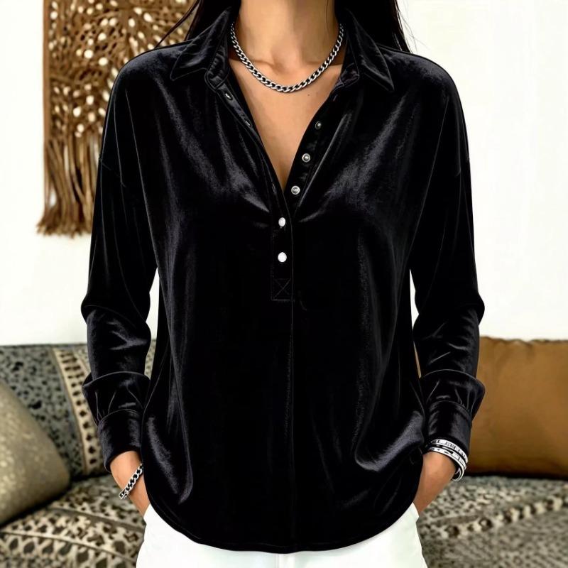 Women S Casual Velvet Solid Lapel Half Button Shirt