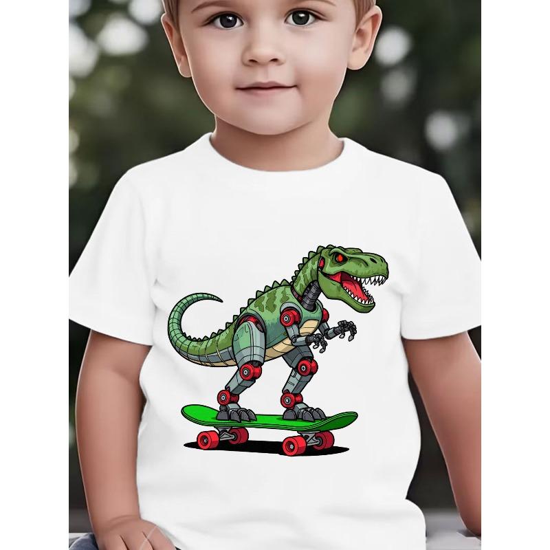 Boys Summer Crewneck Tee, Cartoon Mechanical Dinosaur Riding Skateboard Print 110