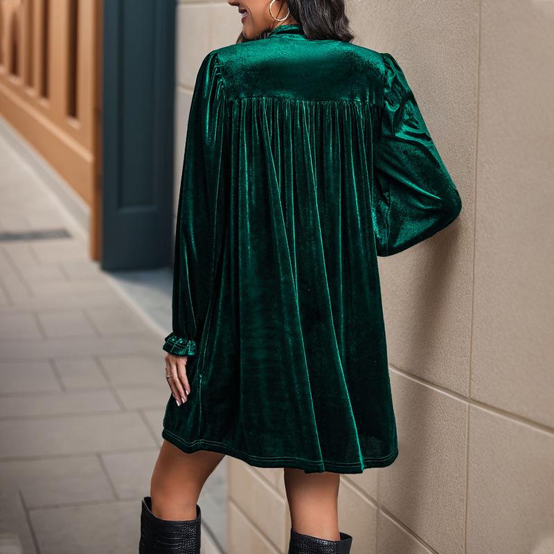Long-sleeved v-neck velvet dress women's new elegant retro style loose short skirt